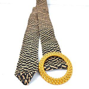 Women's Brown Black Round Buckle Boho Beachy Straw Woven Stretchy Elastic Belt